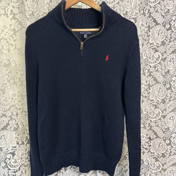 Navy blue with Red logo pull over 1/4 zip knit sweater Boys XL - Picture 1 of 2